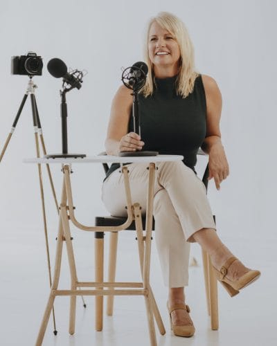 Interview session with white background, mics and camera
